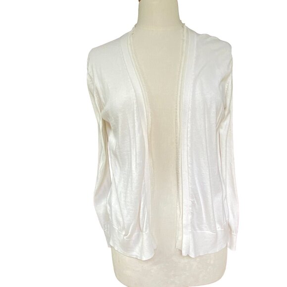 Tommy Bahama Open Front Cardigan Sz M Silk Fringe Trim Coastal Neutral Basic - Picture 5 of 11